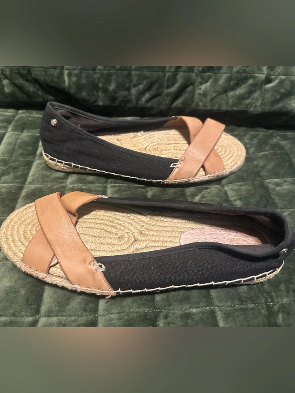 Tommy Bahama Black Canvas & Tan Leather Crossover Espadrille Flats